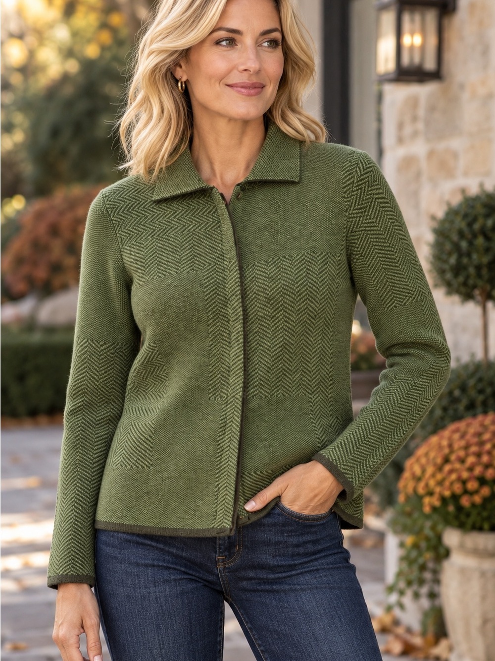 J. McLaughlin Olive Green Herringbone Wool Knit Cardigan Sweater Size Large